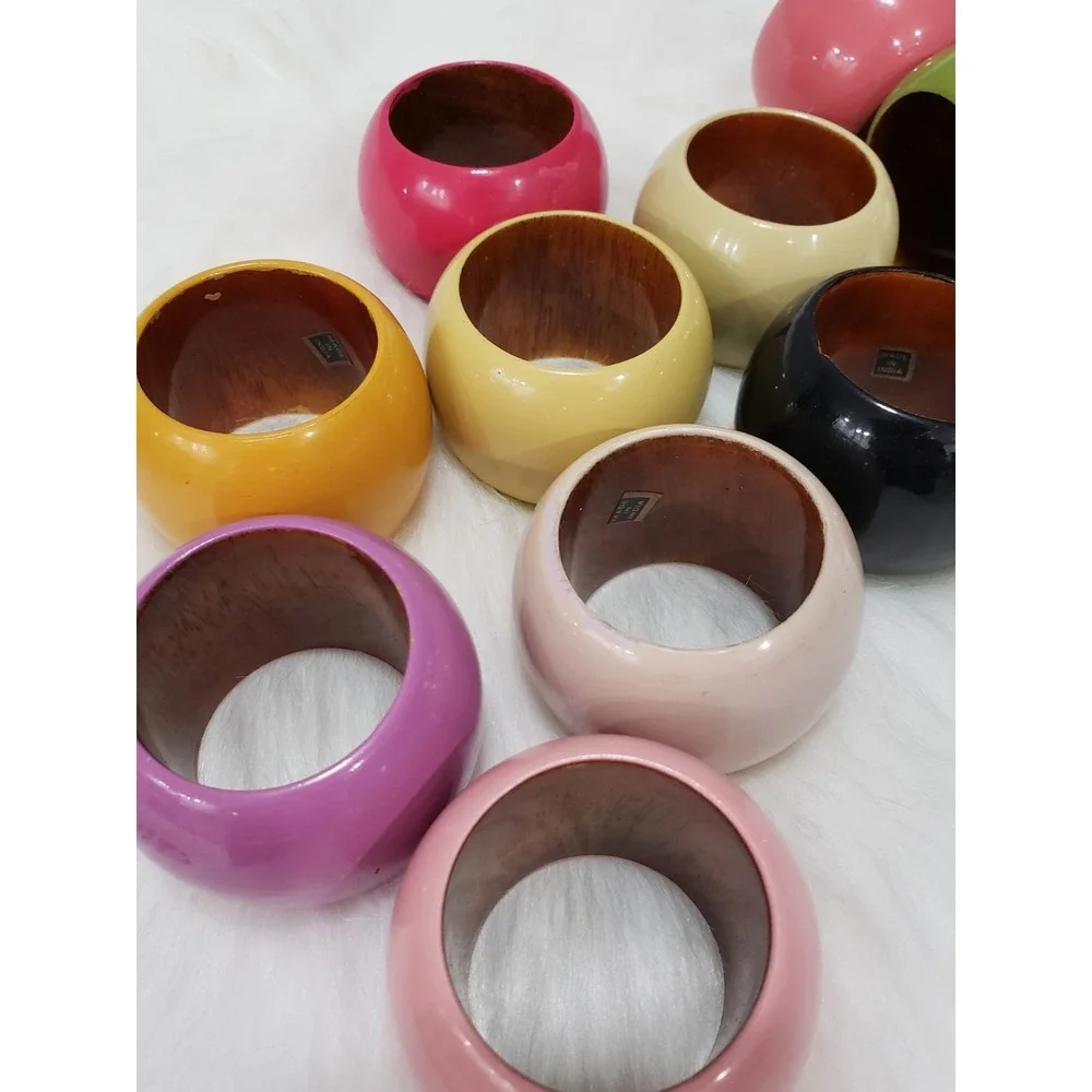 Lot 12 Vintage Rainbow Wood Napkin Rings Wood Boho Kitchen Decor Mod 70s Mcm